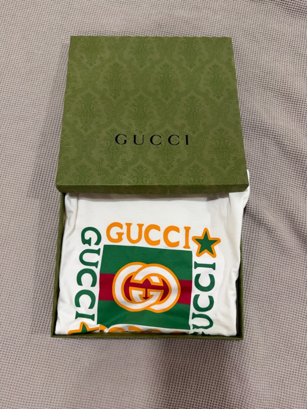 Gucci White Tee with Green, Red & Gold Graphic